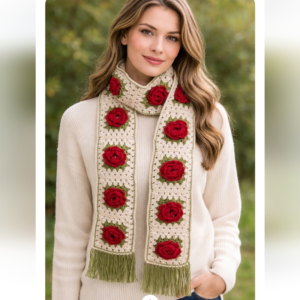 Handmade Crochet Rose Granny Square Scarf – 100% Cotton Floral Scarf